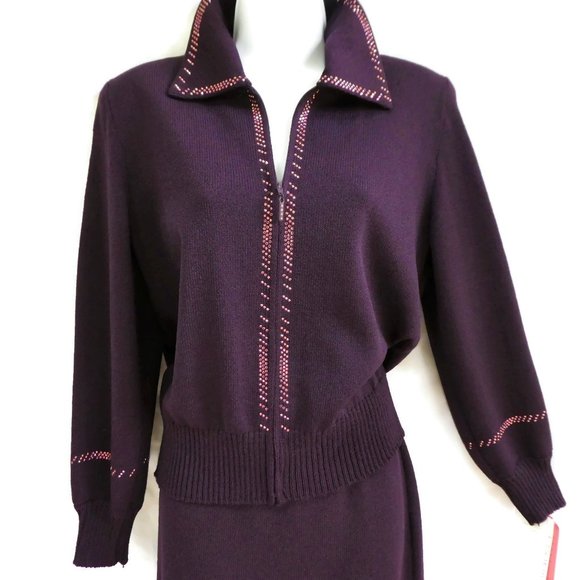 NEW Toula Skirt Sweater Suit Set Santana Knit Crystals Purple Wool Blend Stretch - Picture 1 of 14